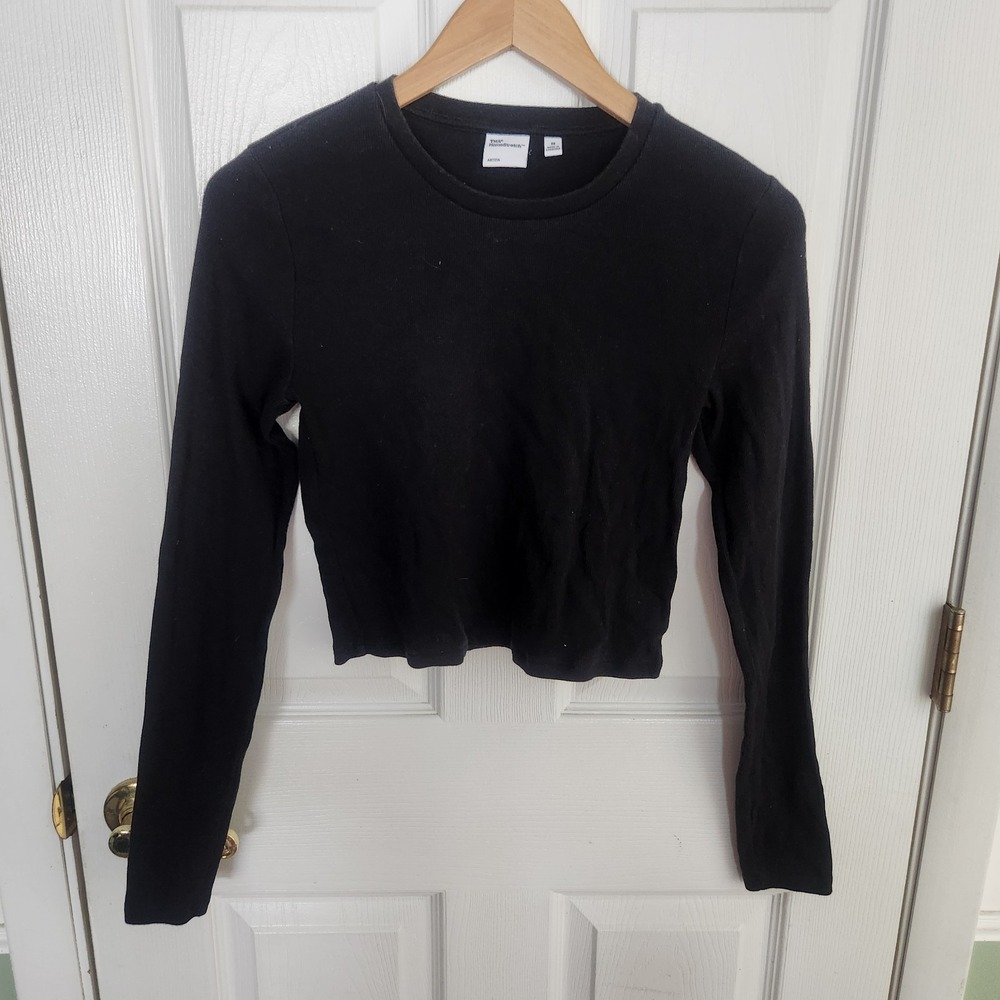 Aritzia TNA HomeStretch Crew Long Sleeve Ribbed Crop Top Black Womens Medium